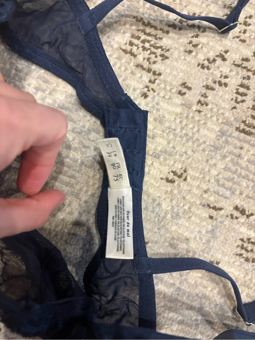 Fleur du Mal Navy Lace Bra Set with Sheer Panels 34C 2